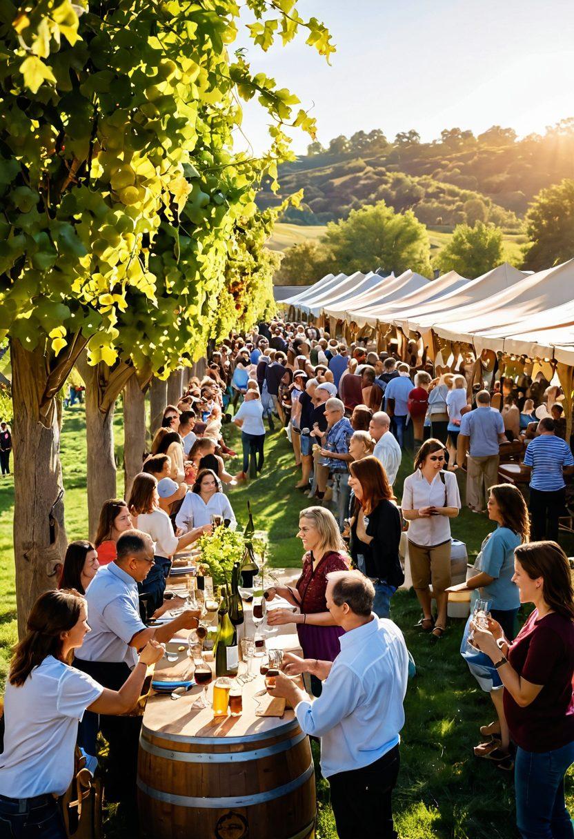 A vibrant vineyard scene during a lively wine festival, showcasing diverse people engaging in winemaking activities, with grape vines in the background and colorful banners overhead. Include a wine tasting station with glasses and barrels, surrounded by enthusiastic participants, capturing the essence of community and education in winemaking. Warm sunset light illuminating the scene adds a welcoming atmosphere. super-realistic. vibrant colors. 3D.