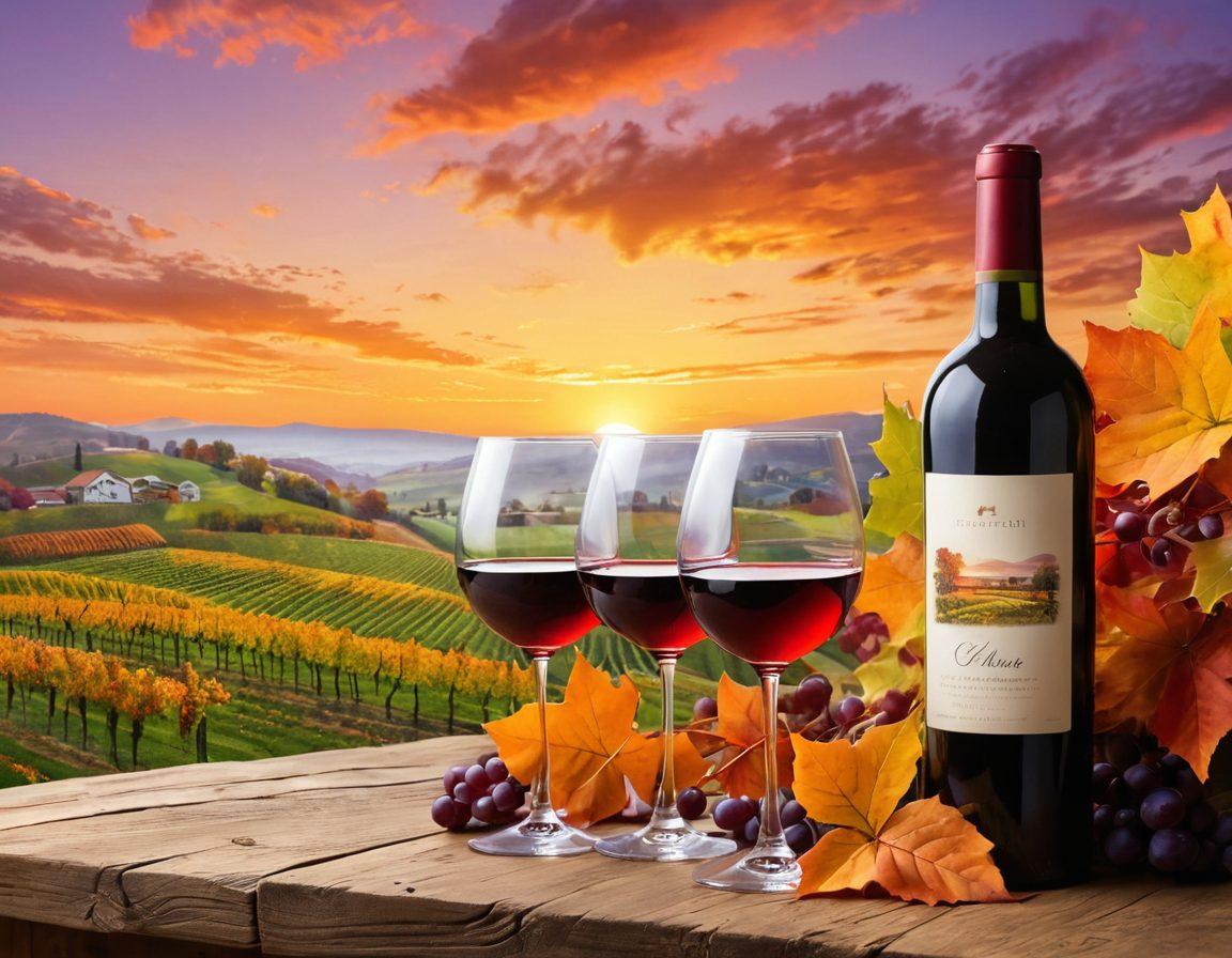 A picturesque vineyard with lush green grapevines stretching across rolling hills, showcasing vibrant colors of autumn leaves. In the foreground, friends clink glasses of wine while enjoying a serene sunset, symbolizing community and celebration. The sky is painted with warm hues of orange and purple, adding depth to the scene. Elements of wine culture, such as barrels and a rustic wooden table, enhance the ambiance. vibrant colors. landscape painting.