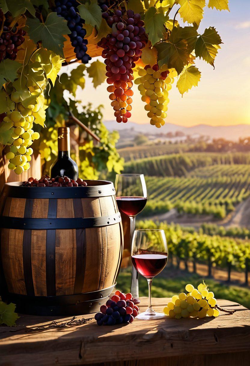 A picturesque vineyard at sunset, showcasing lush grapevines with ripe grapes ready for harvest. A rustic wooden wine barrel and a corkscrew are prominently displayed in the foreground, symbolizing the art of wine-making. In the background, a warmly lit wine tasting event takes place, with diverse groups of people enjoying their wines and engaging in conversations. The scene should capture the essence of wine culture and tradition, blending elegance and warmth. super-realistic. warm colors. 3D.